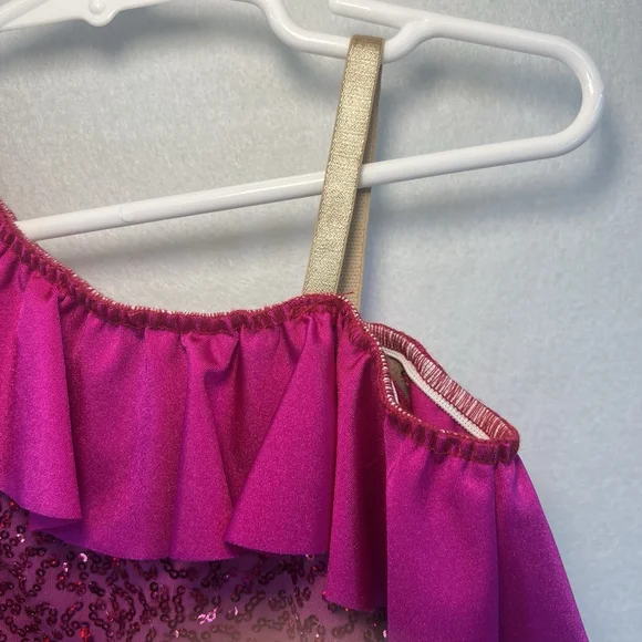 Kids One-Shoulder Dance Leotard Sequins Ruffled Neckline Pink Size Small Child - Picture 10 of 13